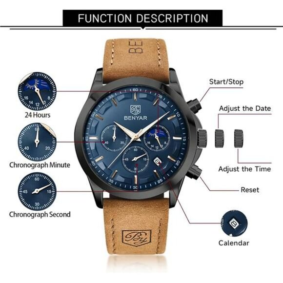 Mens Chronograph Watch Brown Leather Strap Waterproof Quartz Dress Watch - Picture 5 of 7